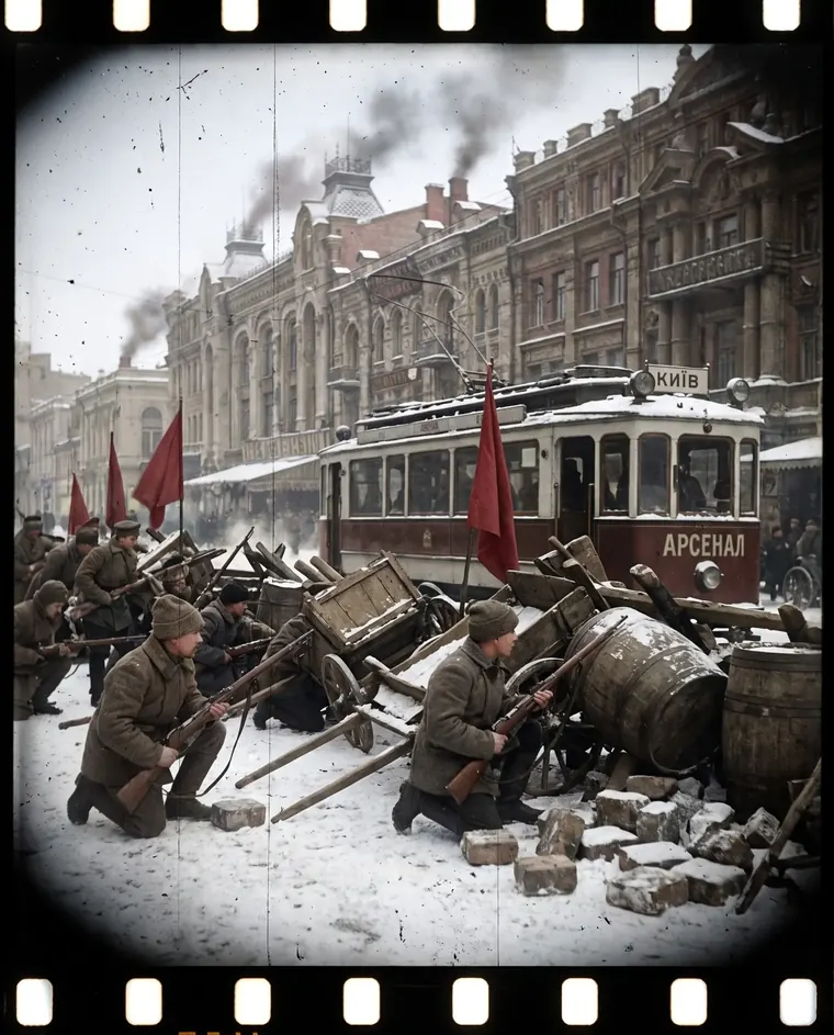 Січень: реконструкція за фотографіями. Повстання на «Арсеналі», барикади на вулицях